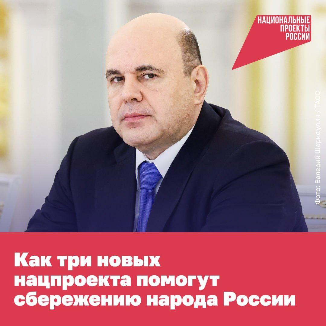 Три новых национальных проекта — «Семья», «Продолжительная и активная жизнь» и «Молодёжь и дети» — направлены на сбережение народа России.