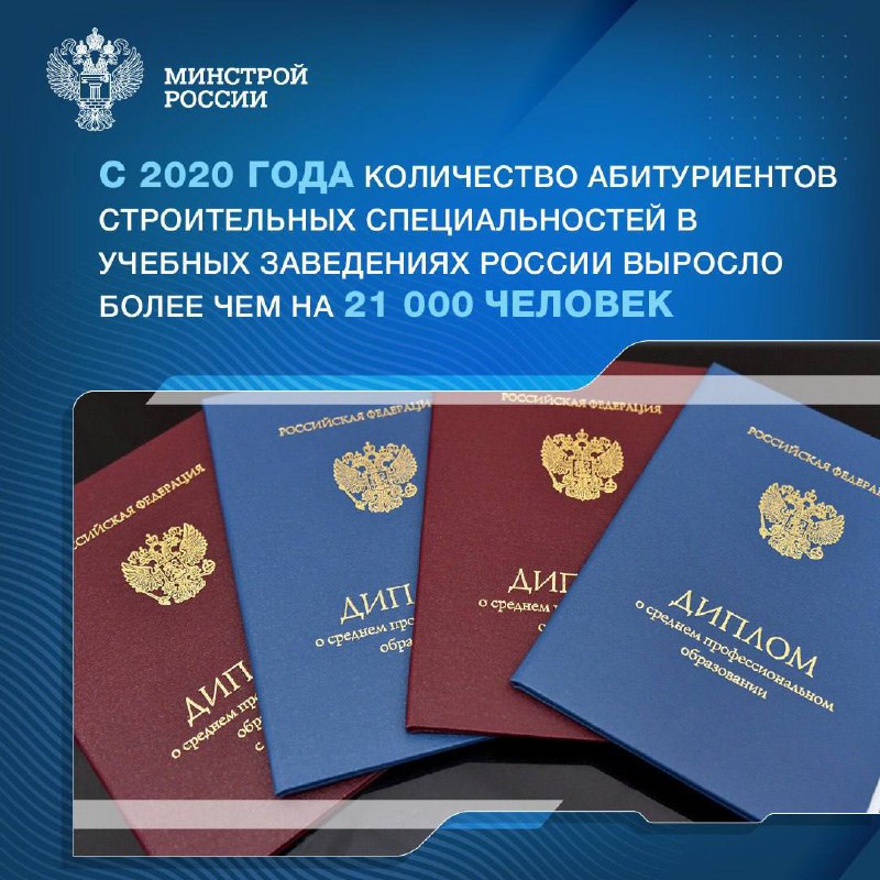 С 2020 года количество абитуриентов строительных специальностей в учебных заведениях России выросло более чем на 21 000 человек
